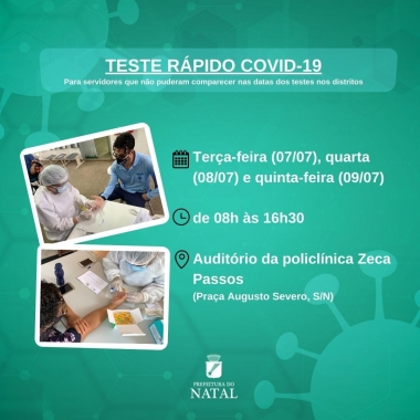 Servidores de saúde da SMS Natal podem realizar teste rápido de Covid-19 até próxima quinta