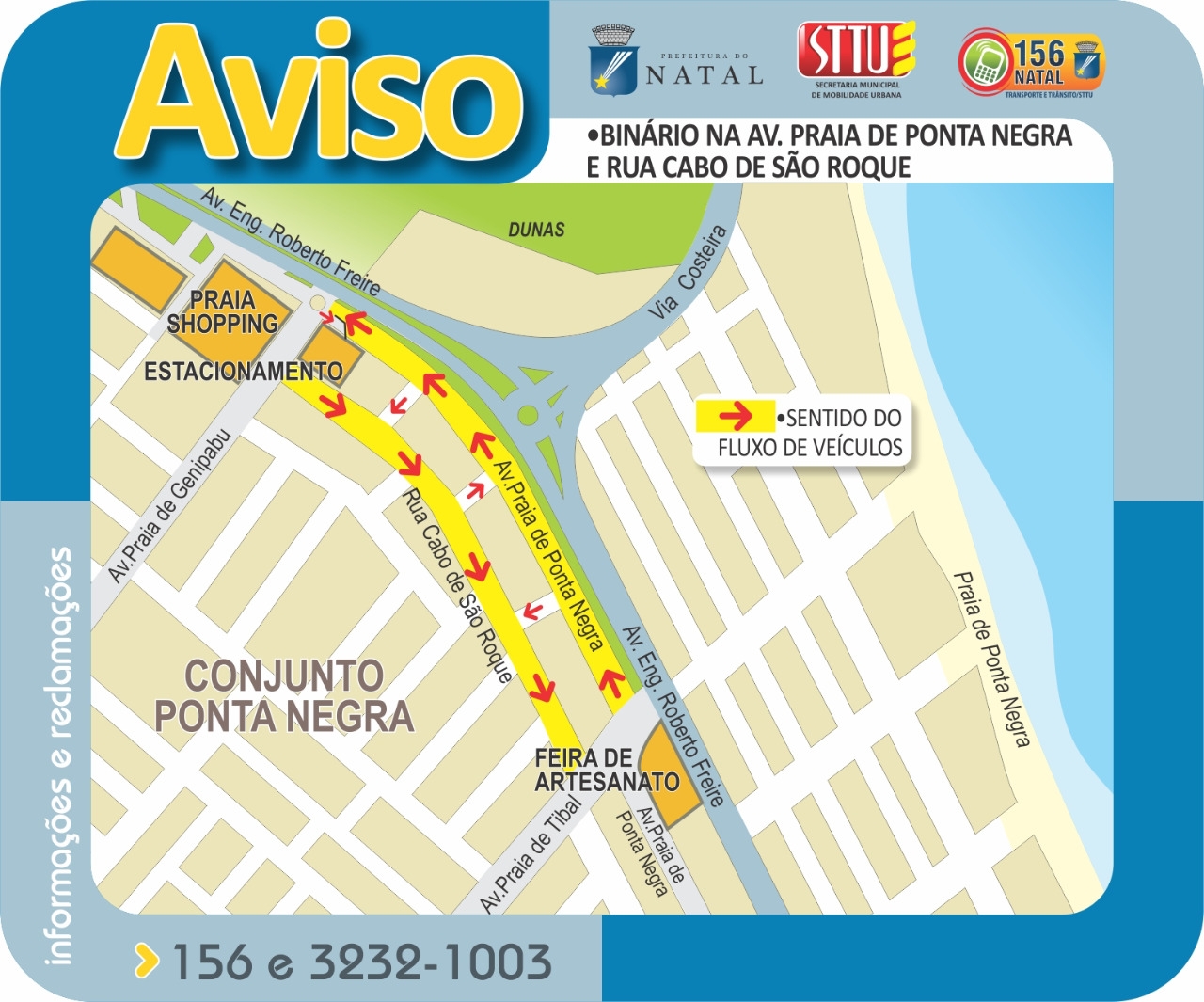 STTU implanta sentido único na avenida Praia de Ponta Negra e na Rua Cabo de São Roque
